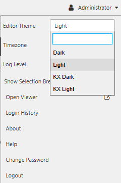 Expanded Editor Theme list showing the Dark, Light, KX Dark, and KX Light options