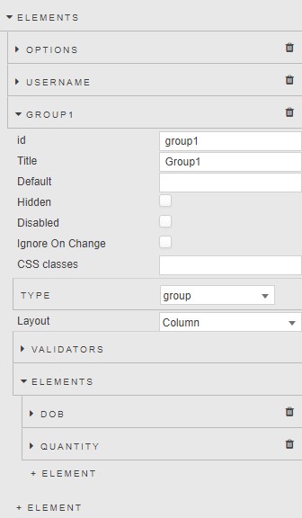 Example of nested form groups configured from the properties panel