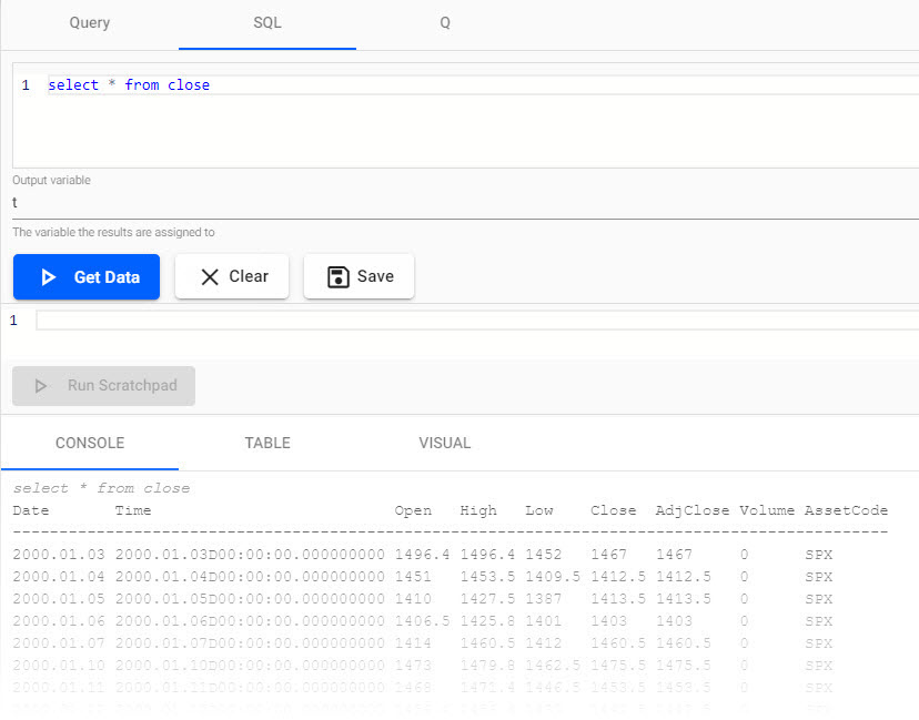 A SQL query reporting end-of-day S&P historic prices.