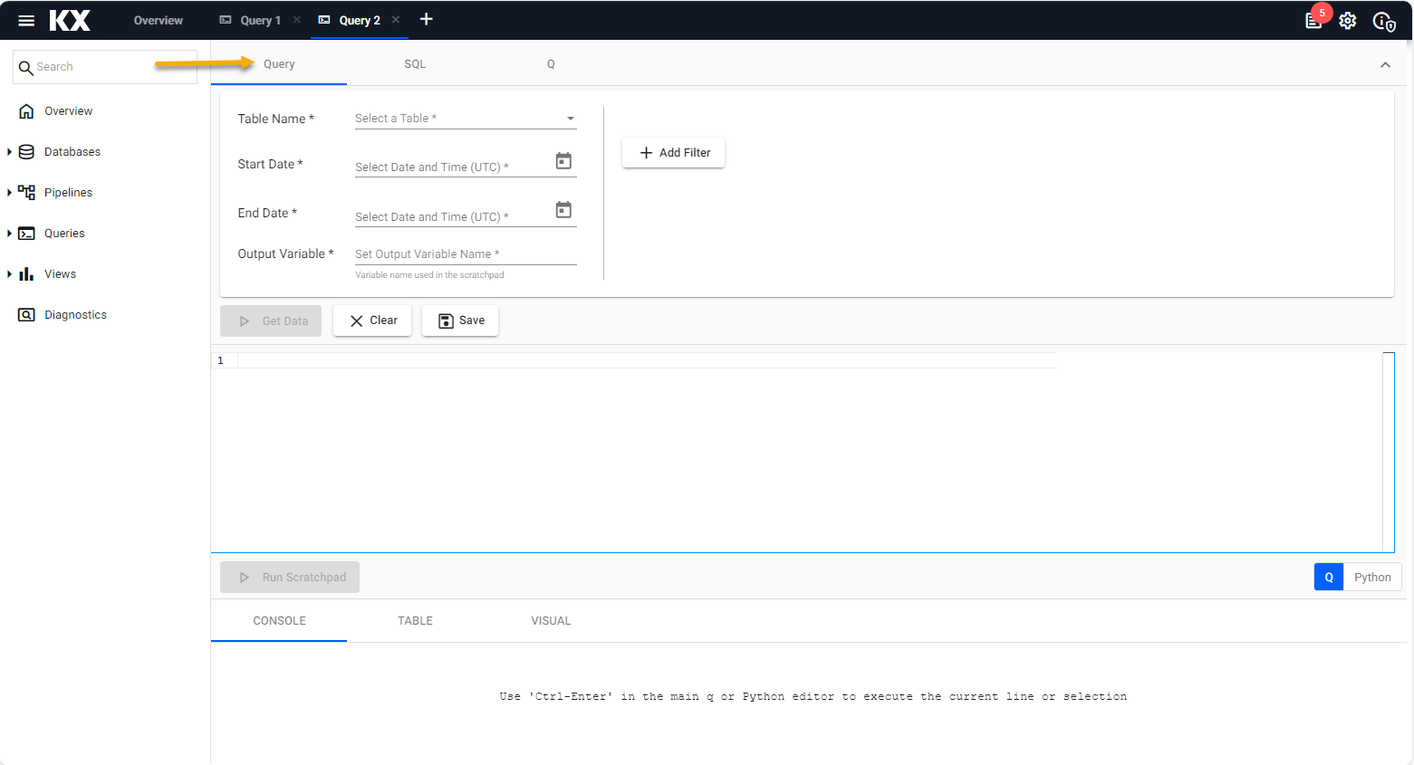 The query page has a filter option, a SQL and a kdb+/q query option.
