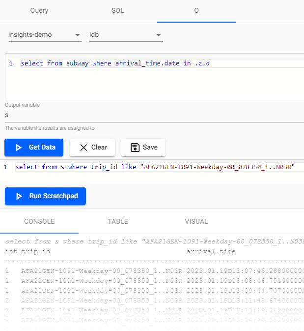 A q query run in scratchpad for a selected trip.