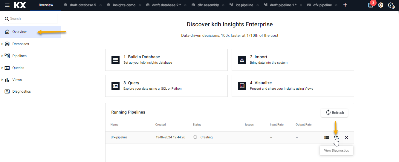 View diagnostics on icon rollover under Running Pipelines of the Overview Page.