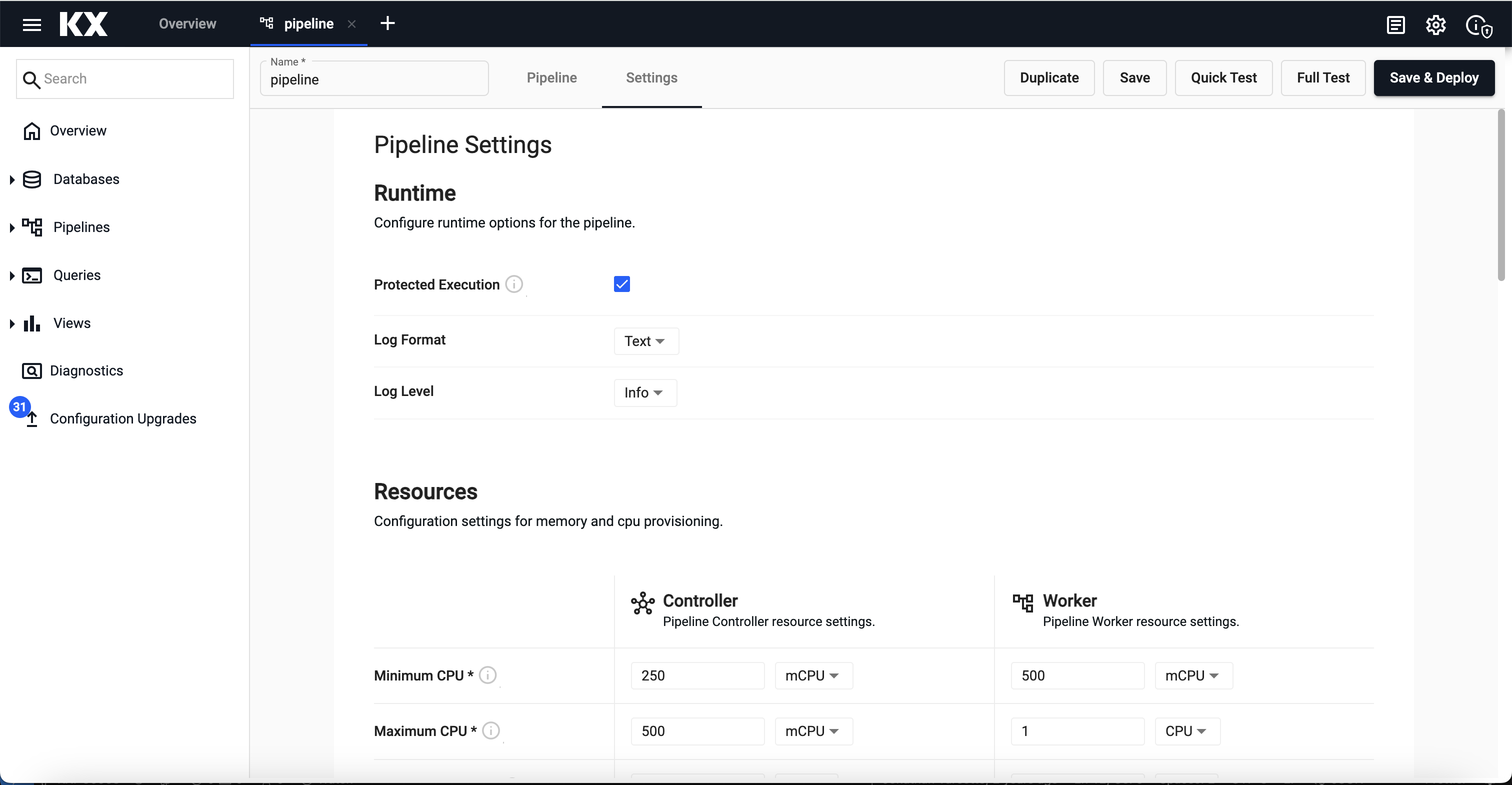 Pipeline settings