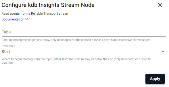 kdb Insights Stream reader properties