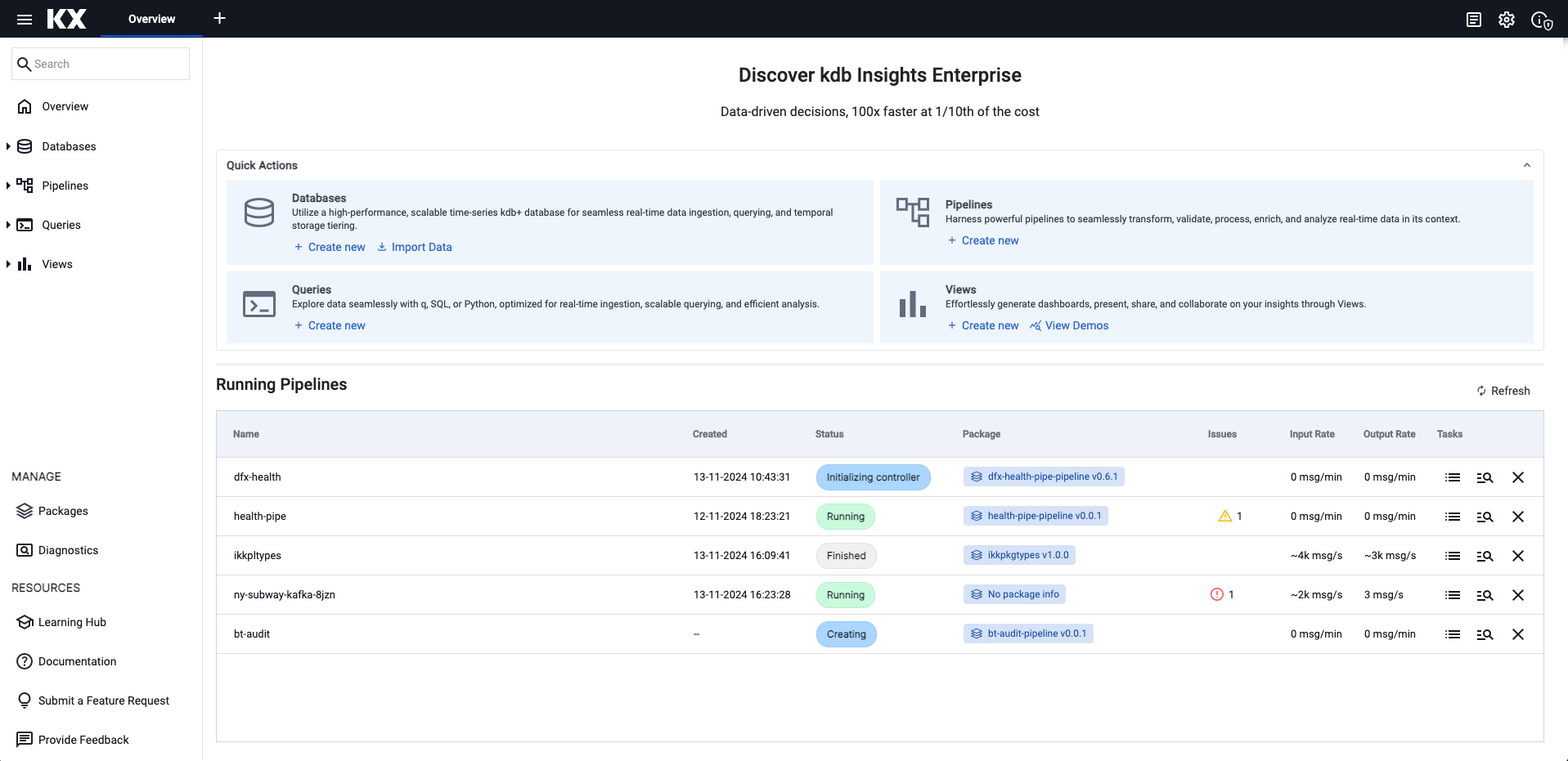 Running pipelines table