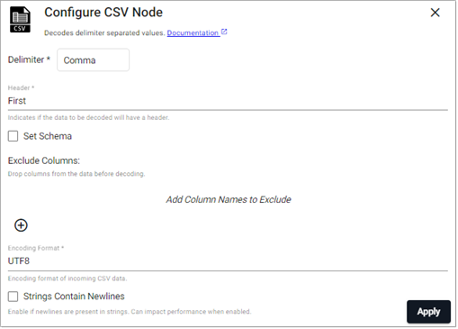CSV decoder node properties