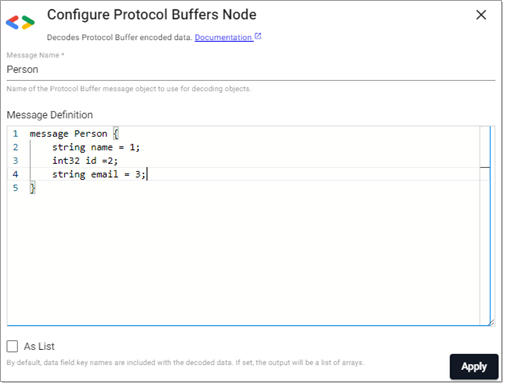 Protocol Buffers example configuration