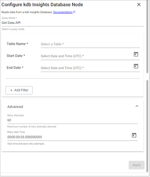 kdb Insights Database reader properties - Get Data