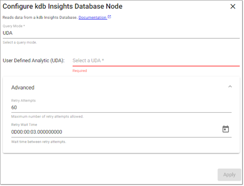 kdb Insights Database reader properties -  UDA