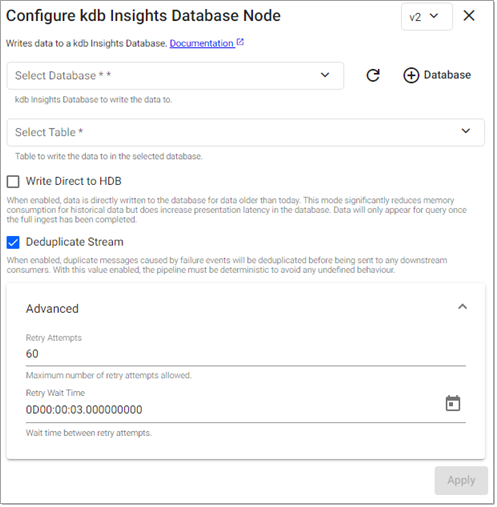 Database writer v2 properties