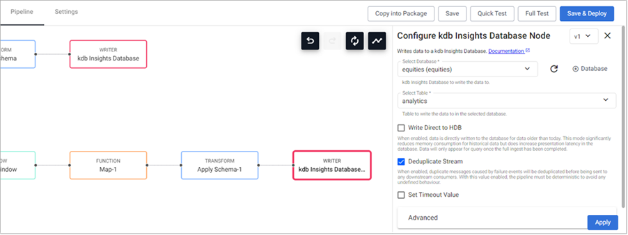 Connect a **Transform** _Apply Schema_ and **Writer** _KX Insights Database_ node to the **Function** _Map_ node by the analytic.  Ensure the analytics table is used for both the **Transform** and **Writer** node.