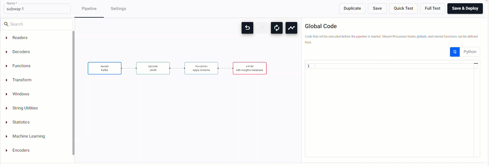 Adding a **Function Map** node to a Kafka data pipeline. Connect edges with click-and-drag, right-click a connection to remove.