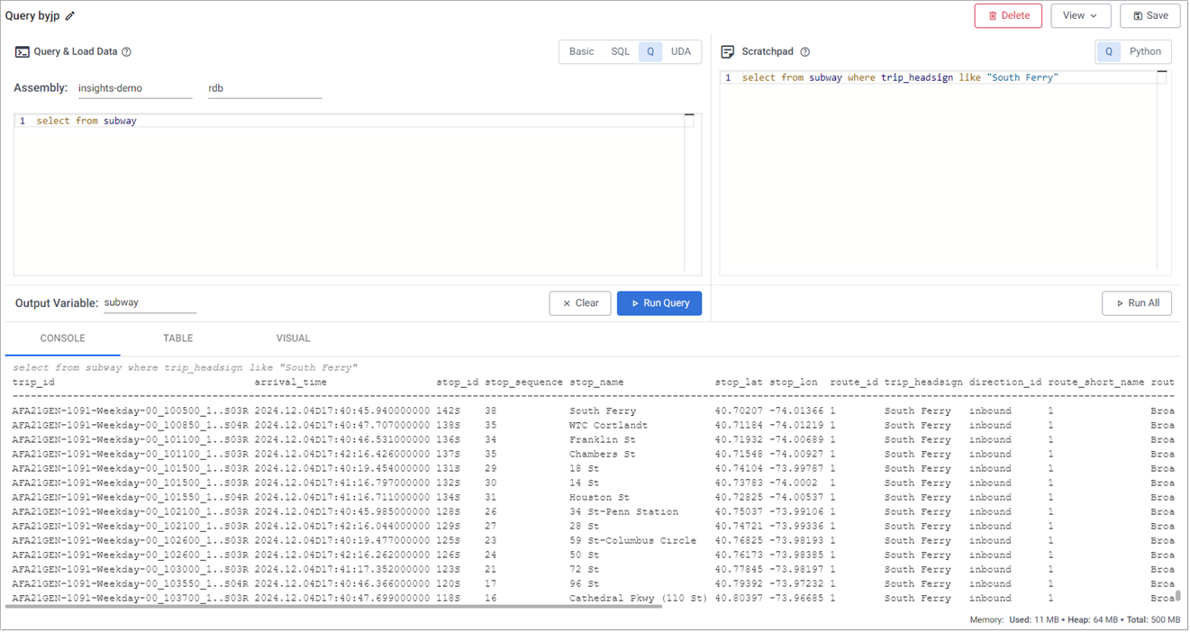 A scratchpad **q** query selecting crime data from the Bronx.