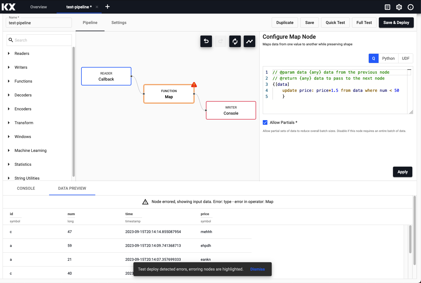 Pipeline deployment dialog with option for a test deploy and a full deploy.