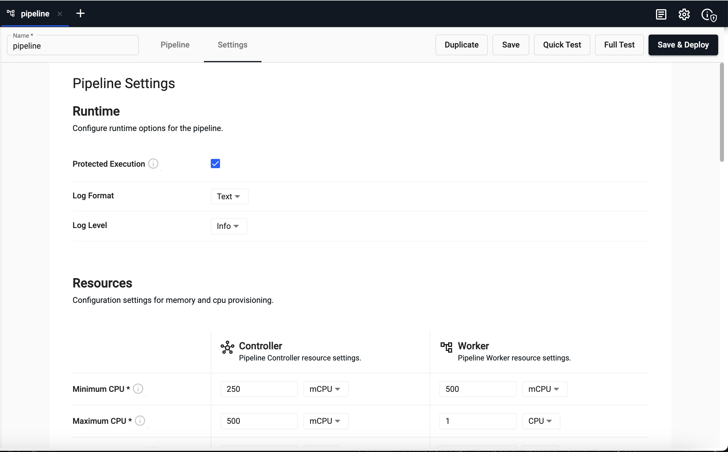 Pipeline settings