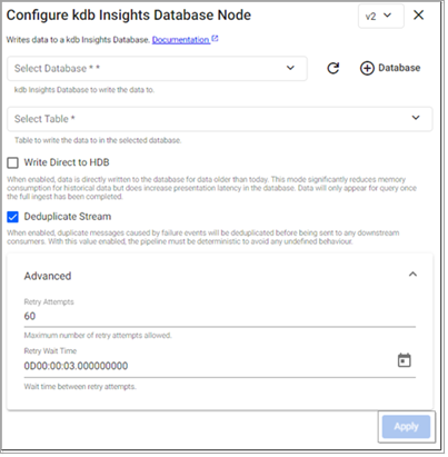 Database writer v2 properties
