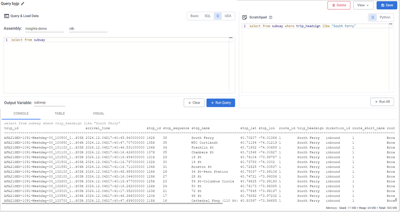 A scratchpad **q** query selecting crime data from the Bronx.