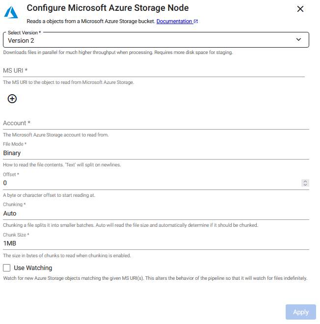 Microsoft Azure Storage reader properties