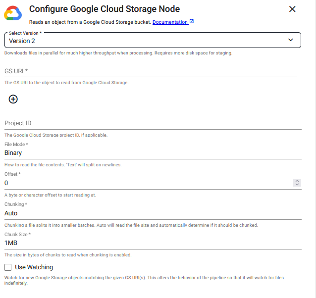 Google Cloud Storage reader properties