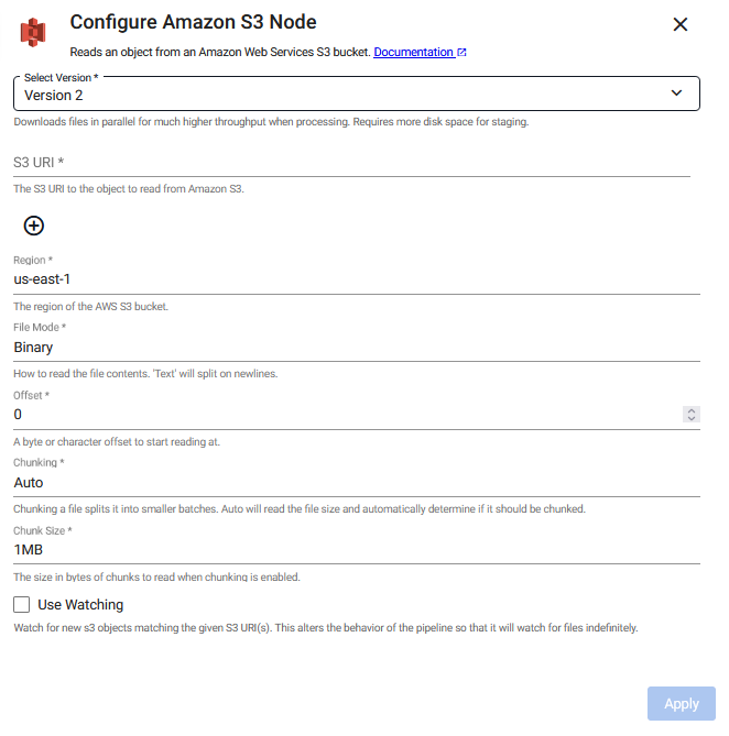 Amazon S3 reader properties