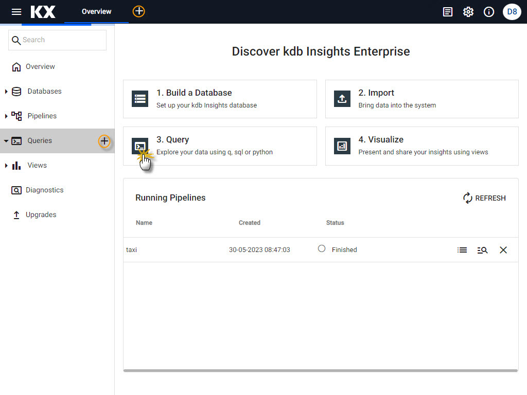 The query tab can be opened from the left-hand menu tree, the [+] menu in the ribbon menu, or from the Query panel on the Overview page.