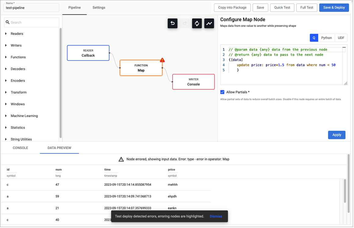 Pipeline deployment dialog with option for a test deploy and a full deploy.