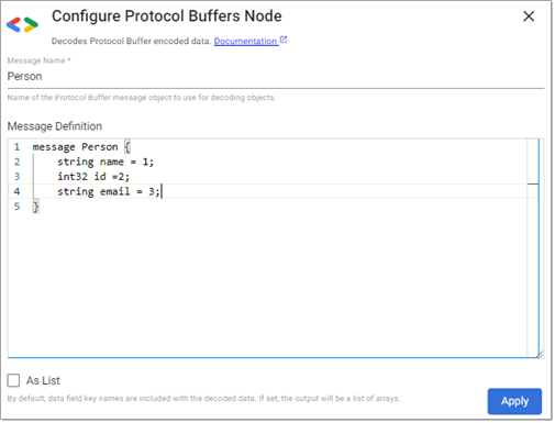 Protocol Buffers example configuration
