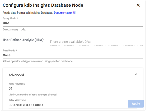 kdb Insights Database reader properties -  UDA
