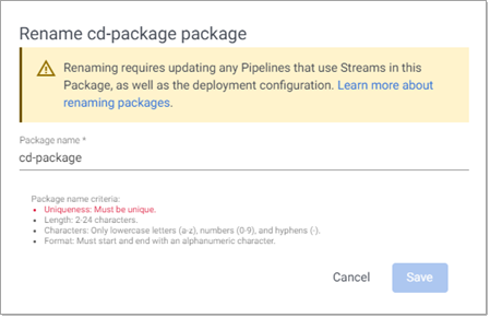 Rename a package dialog