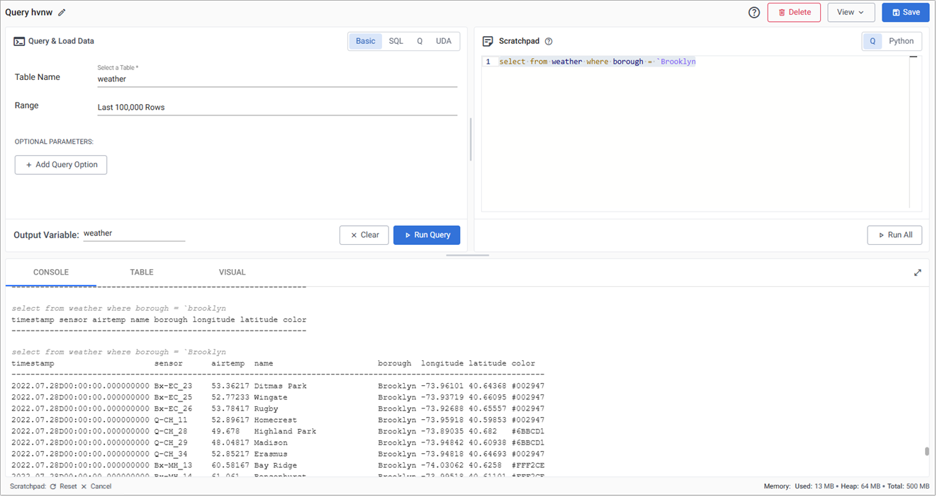 Console populated by a Scratchpad query run against an output variable, 't', defined by Get Data.