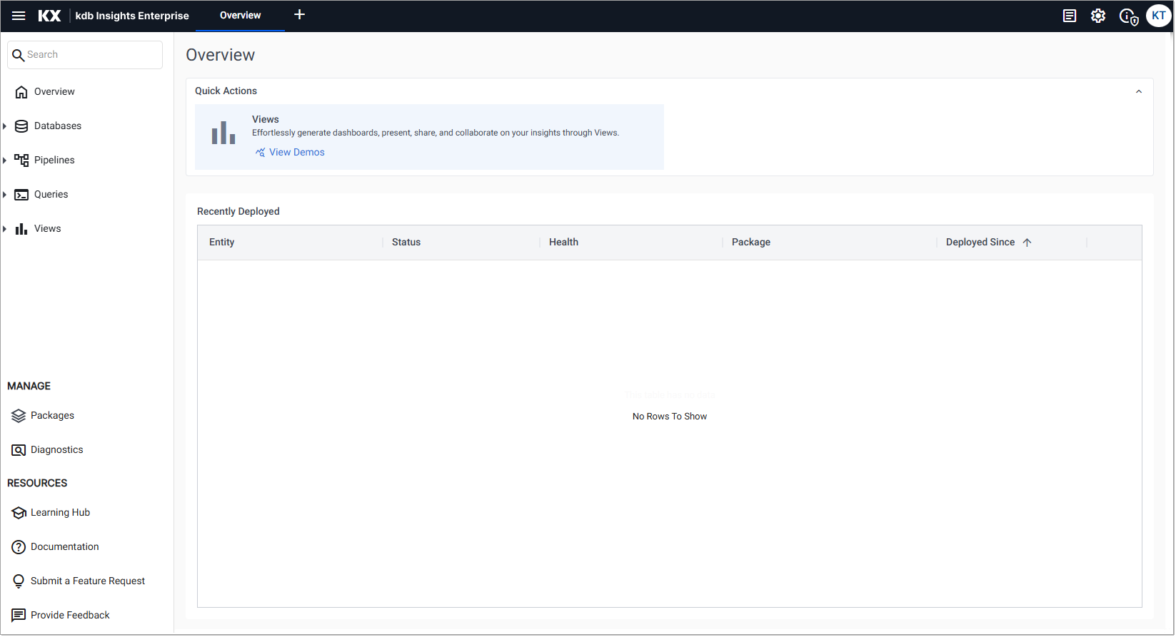 Home page of kdb Insights Enterprise.