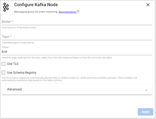Pipeline properties for a Kafka import