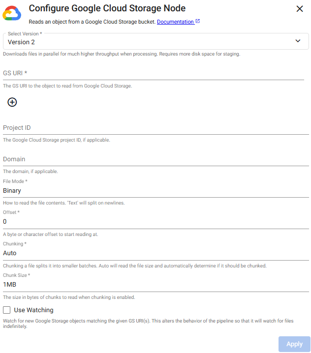Google Cloud Storage reader properties