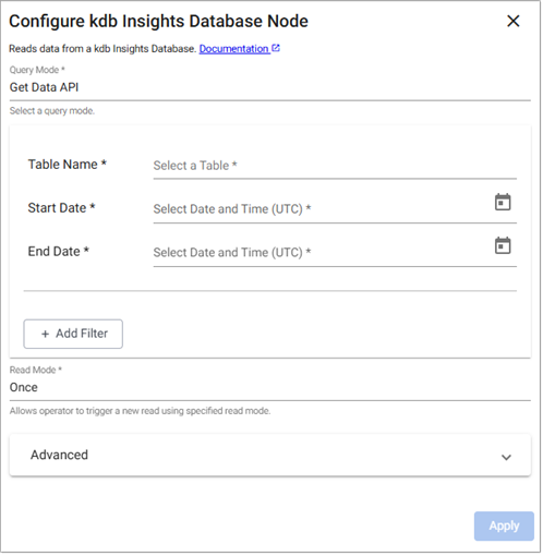 kdb Insights Database reader properties - Get Data