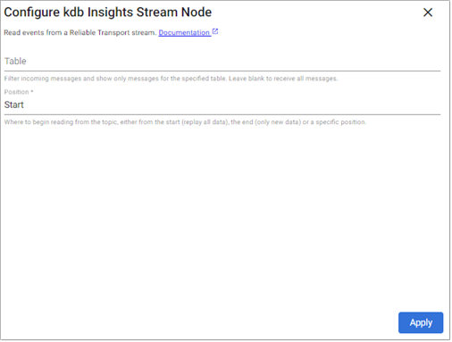kdb Insights Stream reader properties