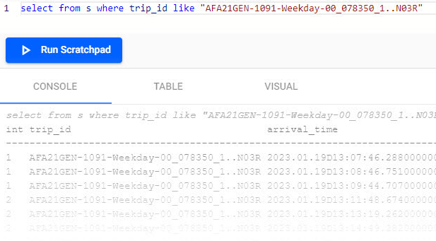 A q query run in scratchpad for a selected trip.