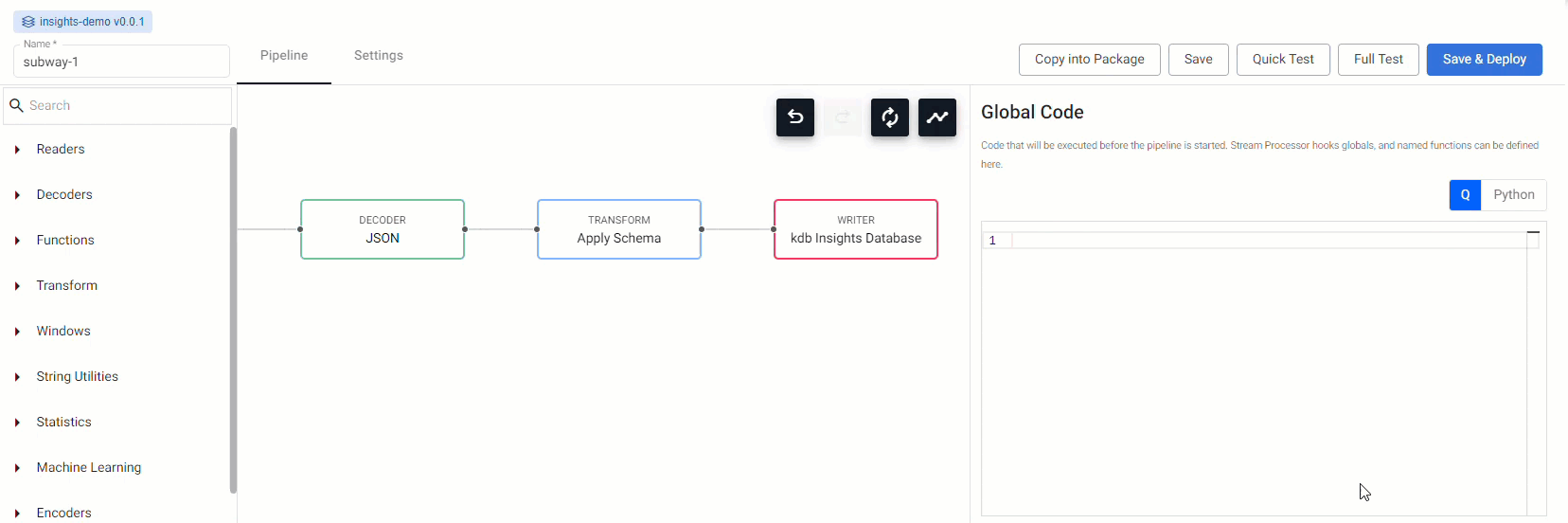 Adding a **Function Map** node to a Kafka data pipeline. Connect edges with click-and-drag, right-click a connection to remove.