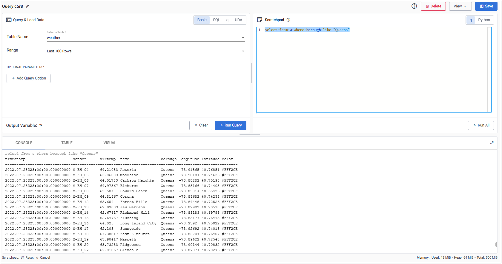A scratchpad **q** query selecting weather data from Queens.