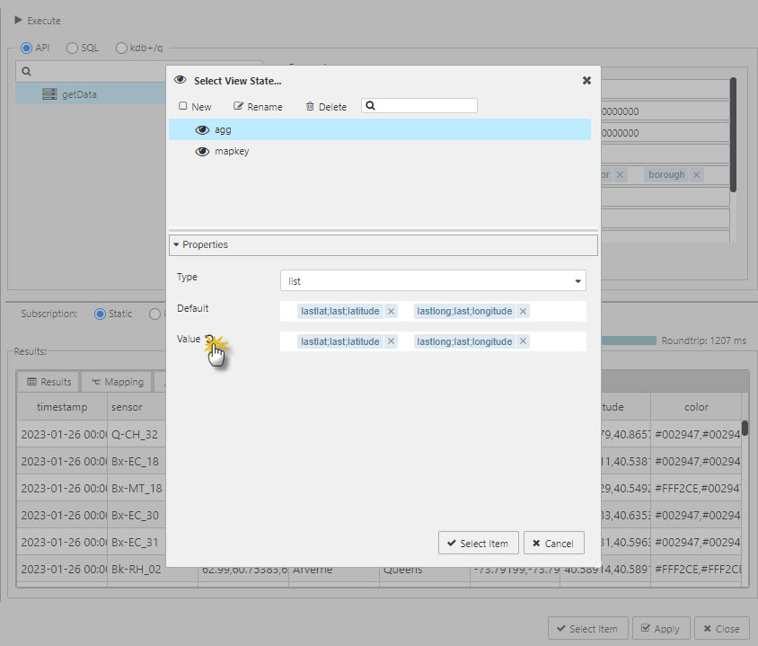 Create a view state and assign the latitude and longitude variables to default. Click the refresh icon to copy the list from default to value.