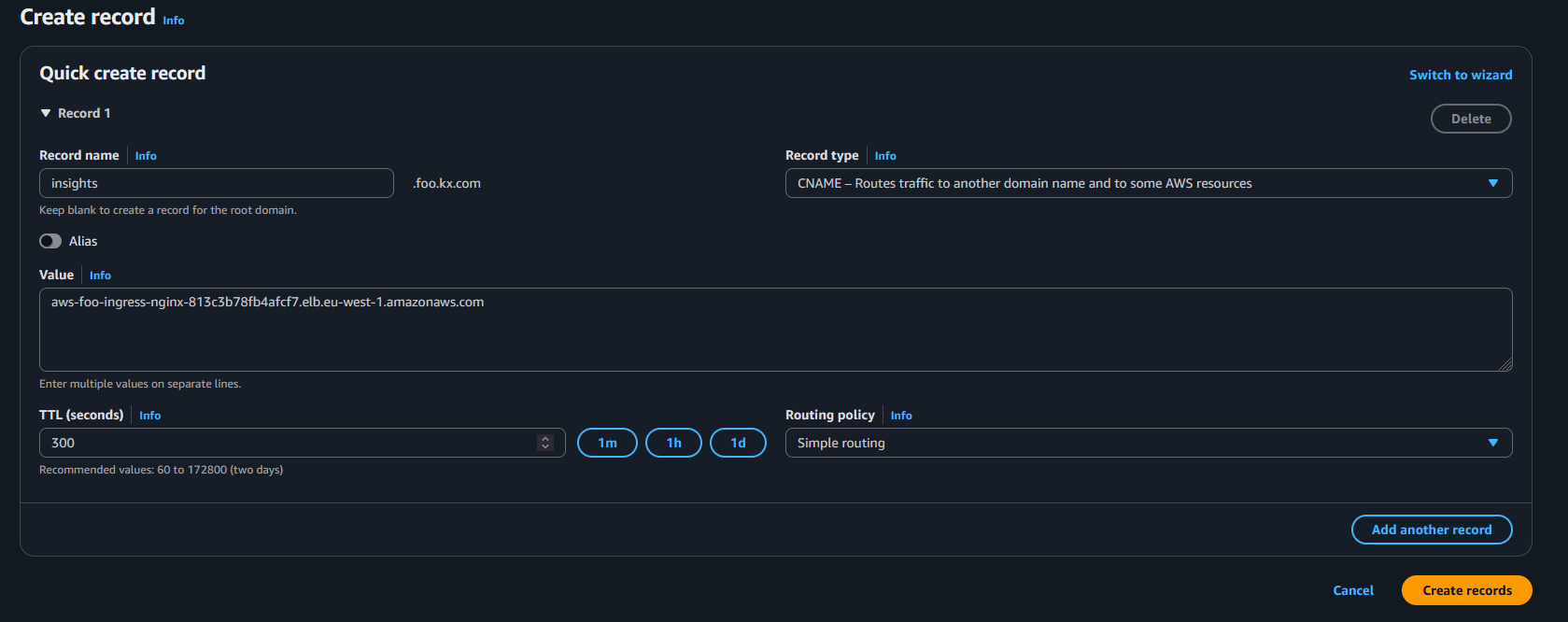 Amazon Web Services DNS record example