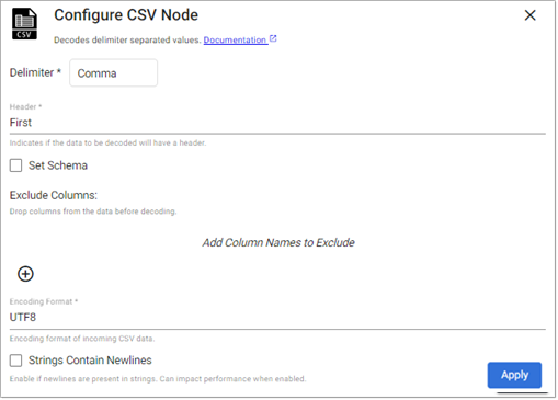 CSV decoder node properties