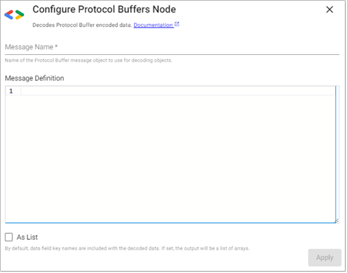 Configure protocol buffers node properties.