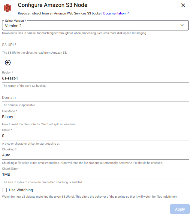 Amazon S3 reader properties
