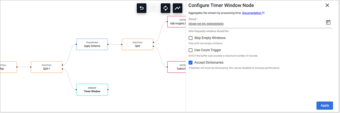 The **Window** _Timer Window_ is configured to fire every 5 seconds. Connect to the **Function** _Split_ node.