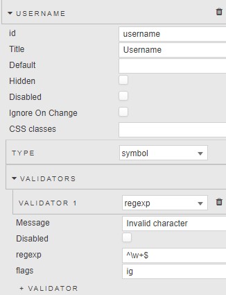 Symbol field with a regexp validator checking for alphanumeric characters only