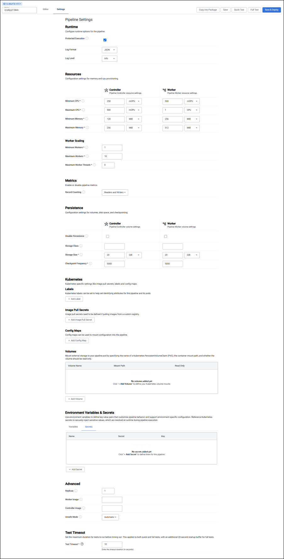 Pipeline settings