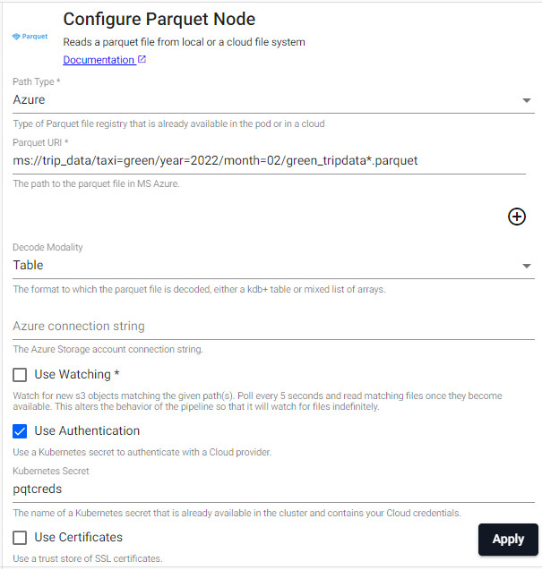 Configure the parquet node