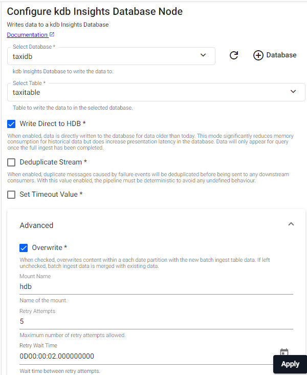Configure the kdb Insights Database node