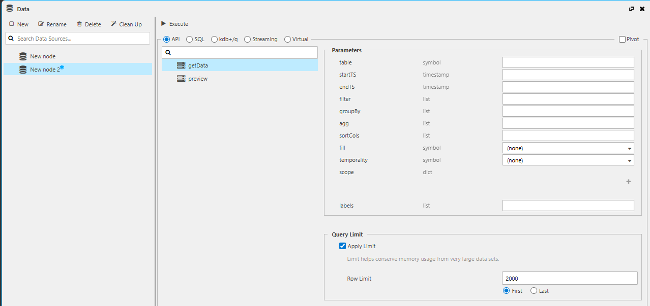 API query data source screen