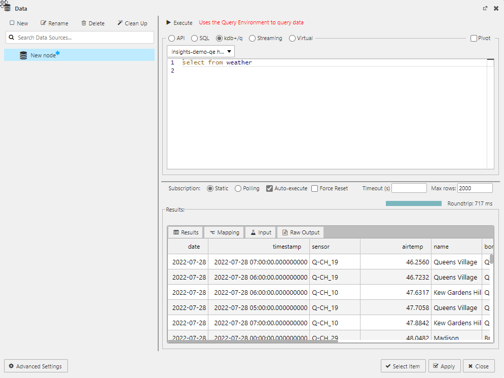 Querying data with the q editor. Use a simple "select from tablename" as a starter.